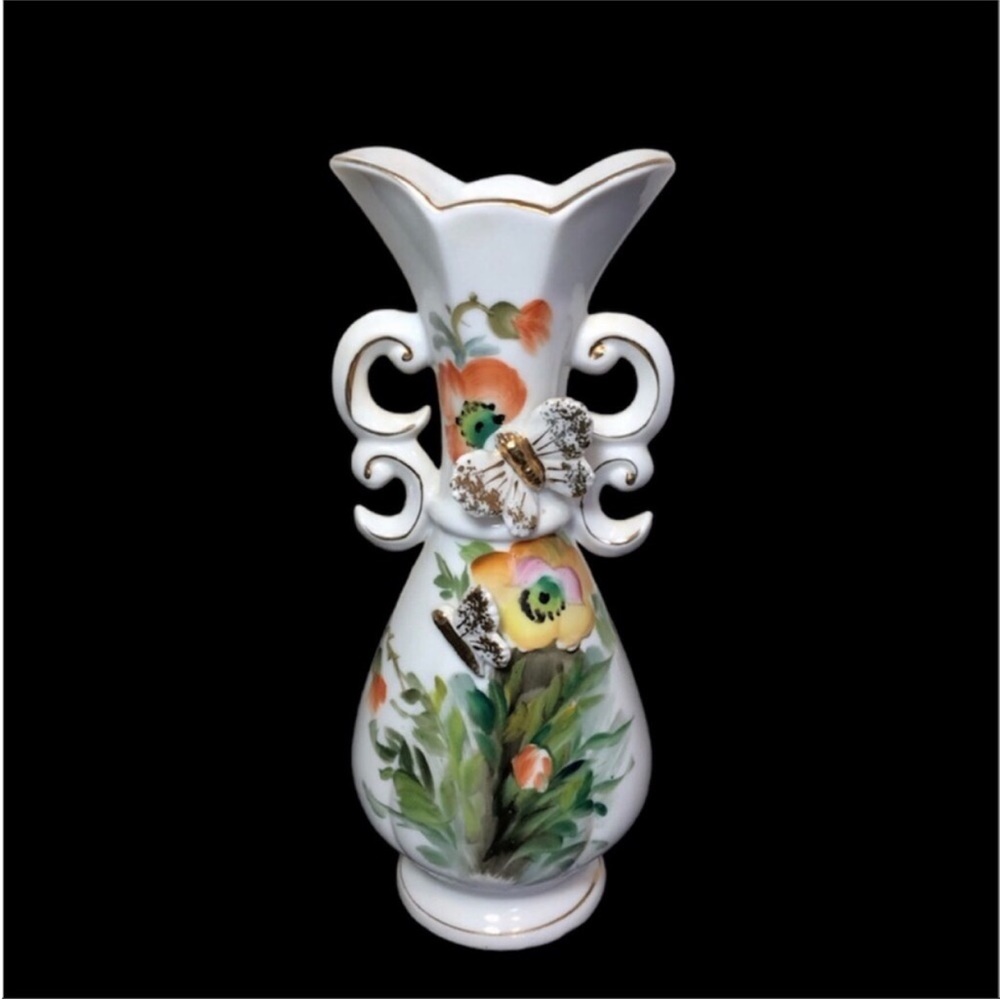 Vintage Summer Collectible Floral Bud Vase with 3D Butterflies and Gold Trim